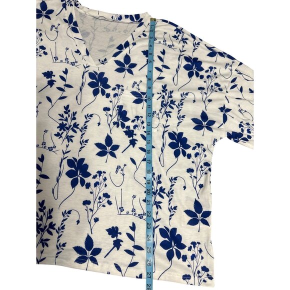 Emery Rose Womens Floral Print White & Blue V-Neck Pocketed Top 3XL - Picture 6 of 8